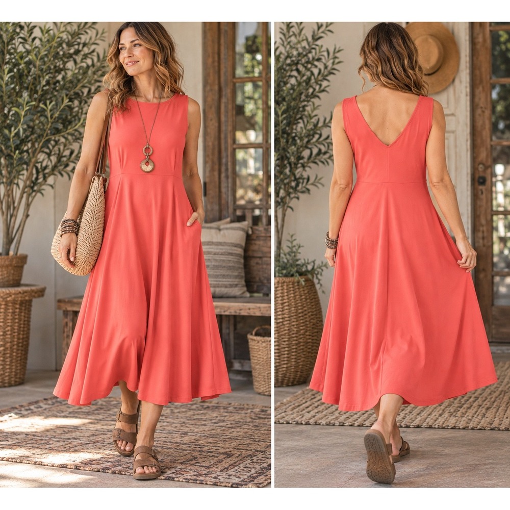 Eileen Fisher Women's Organic Cotton Stretch Jersey Coral Orange Midi Dress S